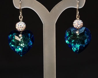 Crystal Drop Heart Earrings, Pave' Dangle Earrings, Blue Heart Earrings, Valentine's Day Jewelry, Elizabeth Bernhardt Studio