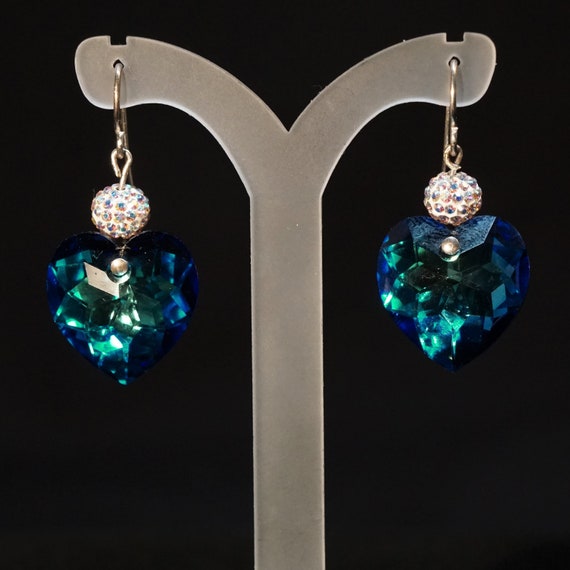 Blue and Green Crystal Heart Earrings Blue and Green Crystal Heart Earrings