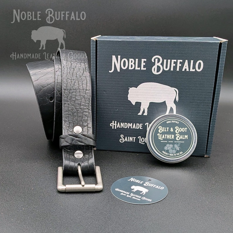 Black American Bison handmade leather belt with solid hardware, American made full grain leather belt by Noble Buffalo