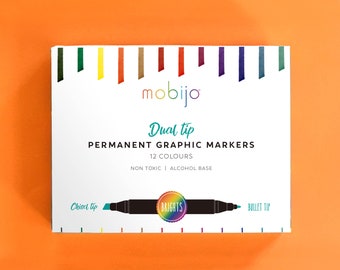 Set of 12 Dual Tip Permanent Graphic Markers - Brights - Broad and Fine