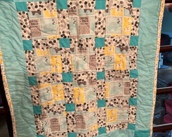 Yellow & Turquoise Baby Quilt, Reversible Crib Blanket (29x34)