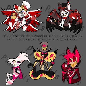 Lucifer, Alastor, Angel, Husk and Sir Pentious 2&quot; enamel pins- FLASH SALE 5pins + a random freebie (Please read description- Made to order)