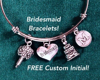 Bride, Bridesmaid, Maid of Honour, Matron of Honour, Flower Girl - Wedding Charm Bracelet w/ 3 Charms & FREE CUSTOM Initial