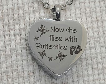 Heart - Now SHE Flies with The Butterflies Capsule Memorial Keychain or Necklace - For Ashes or Hair- M06