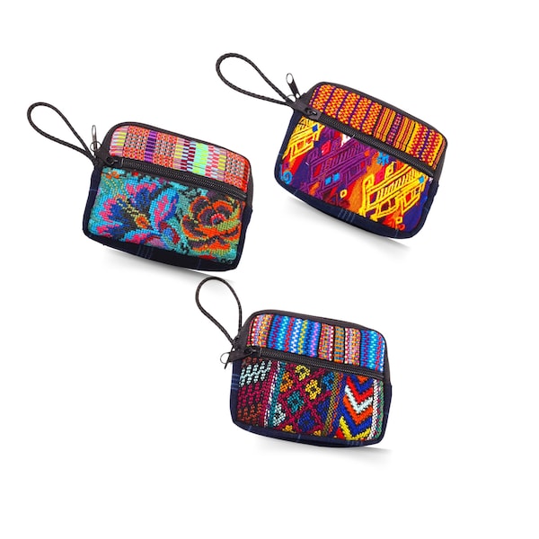 Wristlet Purse, Large Embroidered Guatemalan Change Purse with three Zippered Compartments and Guatemala Huipil