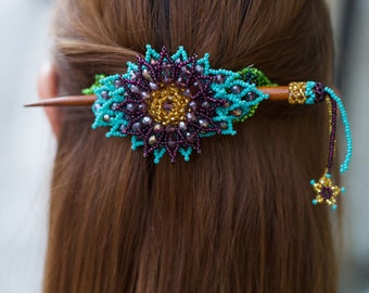 Hand-Beaded Hair Clip From the Highlands of Guatemala Triple-Medallion and Stars Handmade 3 Circle Barrette Star Fringe 4.5 main image 2