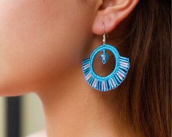 Beaded-blue-hoop-earrings, boho earrings, circle earrings, beaded earrings, native beaded earrings, Guatemala, beaded earrings indigenous