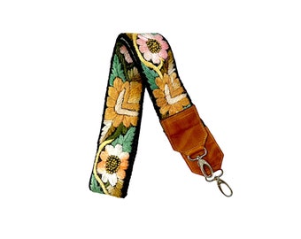 Handbag strap, embroidered bag strap, leather camera strap, embroidered strap,  leather camera strap, bag strap, huipil