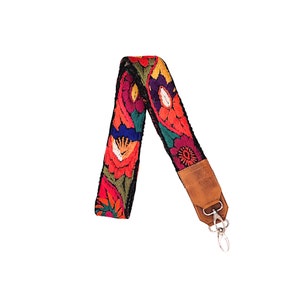 Embroidered leather bag strap for huipil bags or other leather convertible day bags or crossbody bags