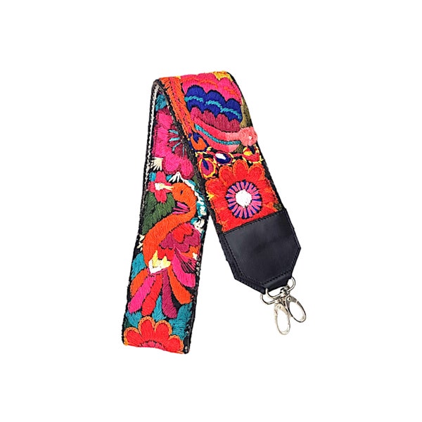 Embroidered Leather Bag Strap for Huipil Bags, Luggage Strap or Leather Convertible Day Bag or Crossbody Bag Strap