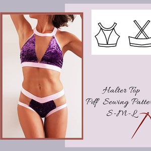 May include: A purple and pink halter top sewing pattern. The pattern includes instructions for sizes S-M-L. The image shows a model wearing the finished top and matching bottoms.