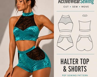 Halter Top and high waisted shorts Sewing pattern, Pole dance costume, active wear sewing, PDF sewing pattern for women