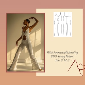Può includere: Una tuta bianca aderente con un dettaglio a taglio e gambe svasate. La tuta è mostrata su un manichino. L'immagine include anche un disegno a linea del modello della tuta, con il testo "Fitted Jumpsuit with flared leg PDF Sewing Pattern Size: S-M-L".