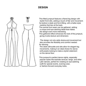 May include: Line drawing of a fitted jumpsuit with a flared leg design, featuring front slits and a halter-style neckline that ties at the back. The jumpsuit has a gathered seam detail at the front.