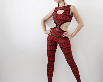 Red Black lace print Catsuit, Festival, Club wear, Dance party spandex Jumpsuit