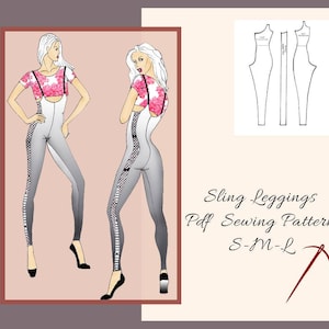 May include: A digital illustration of a woman wearing a pair of gray and black sling leggings with a floral print top. The image includes a sewing pattern for the leggings in sizes S-M-L. The text "Sling Leggings Pdf Sewing Pattern S-M-L" is included in the image.