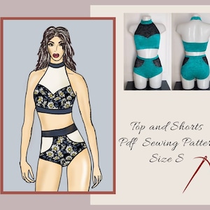 Pole dance wear Sewing pattern, Halter neck Top and high waisted shorts   downloadable PDF