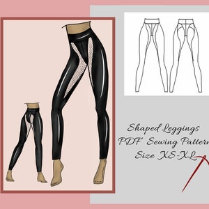 High waisted Shaped Leggings Thong stylized, Size XS-XL, Pdf sewing pattern