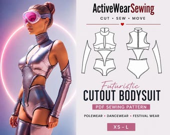 Cutout Bodysuit Sewing Pattern PDF, Pole Dance Costume Pattern, Festival Outfit, Futuristic Bodysuit, Rave Wear, Dancewear Pattern, XS-L