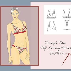 May include: A digital illustration of a triangle bra sewing pattern. The pattern includes instructions for sizes small, medium, and large. The image also shows a line drawing of the bra in different views.