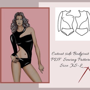 May include: A black bodysuit with a side cutout. The bodysuit has long sleeves and a high neckline. The image includes a line drawing of the bodysuit, and the text "Cutout side Bodysuit PDF Sewing Pattern Size XS-L".
