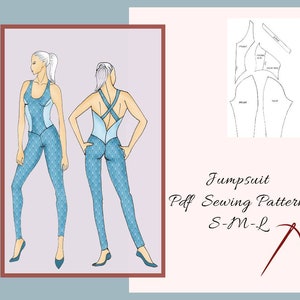 May include: A digital illustration of a blue jumpsuit sewing pattern. The pattern includes instructions for sizes small, medium, and large. The image also shows a model wearing the jumpsuit.