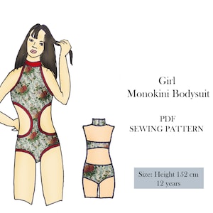 May include: Illustration of a girl's monokini bodysuit sewing pattern. The bodysuit features a floral print with red trim and cut-out sides. The text on the image reads "Girl Monokini Bodysuit PDF Sewing Pattern". The size is for a height of 152 cm, 12 years.