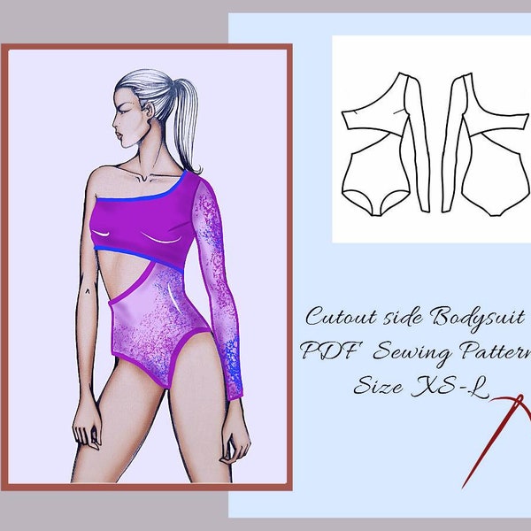 Cutout One sholuder  Bodysuit Top sewing pattern, PDF sewing pattern for women