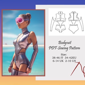 May include: A futuristic silver bodysuit with cut-out details, long sleeves, and matching thigh-high boots. The image also includes a pattern for the bodysuit and the text "Bodysuit PDF Sewing Pattern". The model is wearing pink goggles.