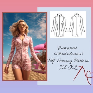 Short Jumpsuit Romper  Sewing Pattern, fitted catsuit with long sleeves and  princess panels PDF sewing patterns for women
