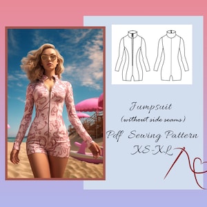 Può includere: Un cartamodello PDF per una tuta con cerniera anteriore. Il cartamodello è disponibile nelle taglie XS-XL e include un disegno a linea della tuta. Il testo "Jumpsuit (without side seams) Pdf Sewing Pattern XS-XL" è incluso nell'immagine.