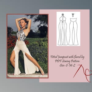 May include: A PDF sewing pattern for a fitted jumpsuit with flared legs. The pattern includes instructions for sizes S, M, and L. The image shows a woman wearing a white jumpsuit with a leopard print top.