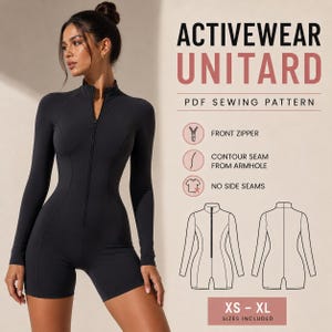 Può includere: Unitard sportivo nero con cerniera frontale e maniche lunghe. L'unitard ha una silhouette aderente ed è mostrato su una modella. Il testo sull'immagine recita "ACTIVEWEAR UNITARD PDF SEWING PATTERN" e "XS - XL SIZES INCLUDED."