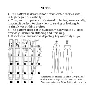May include: Black and white sewing pattern for a jumpsuit with instructions on how to sew it. The pattern includes 24 sheets and requires 3 sheets for the instructions. You can print the pattern on A4 or letter size paper.