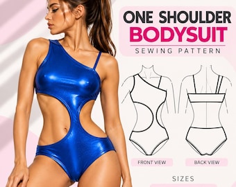 May include: A metallic blue one-shoulder bodysuit with side cutouts. The image includes text reading ActiveWearSewing, ONE SHOULDER BODYSUIT SEWING PATTERN, FRONT VIEW, BACK VIEW, and S M L, along with line drawings of the garment.