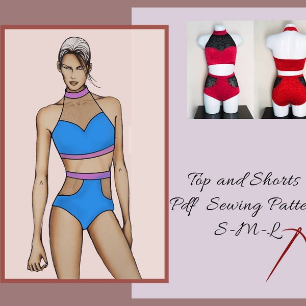 Halter Top and high waisted shorts Sewing pattern, Pole dance costume, active wear sewing, PDF sewing pattern for women