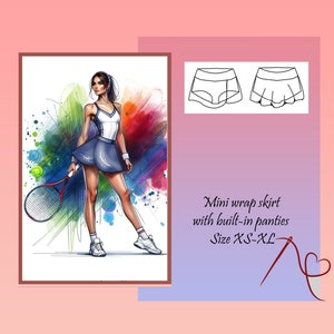 Può includere: Un'illustrazione digitale di una donna che indossa un completo da tennis bianco e blu, tenendo una racchetta da tennis. L'illustrazione è su uno sfondo acquerellato colorato. Il testo "Mini wrap skirt with built-in panties Size XS-XL" è visualizzato sotto l'illustrazione.