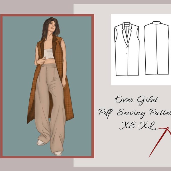 Oversize Long Gilet Sewing Pattern, Sleeveless jacket, women PDF sewing patterns