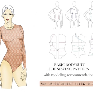 May include: A digital sewing pattern for a basic bodysuit with modelling recommendations. The pattern includes size charts for Italian, European, UK, and US sizes. Size: 38-46 IT 34-42 EU 6-14 UK 2-10 US