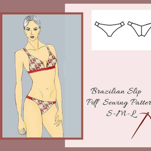 Può includere: Un'illustrazione digitale di una donna che indossa un top bikini con motivo rosso e bianco e un fondo bikini abbinato. L'immagine include un disegno a linea del fondo bikini in nero. Il testo "Brazilian Slip Pdf Sewing Pattern S-M-L" è incluso nell'immagine.