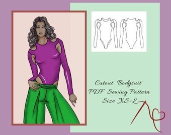 Shoulder cutout  Bodysuit Top sewing pattern high leg, PDF sewing pattern for women