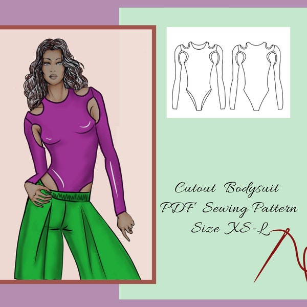 Shoulder cutout  Bodysuit Top sewing pattern high leg, PDF sewing pattern for women