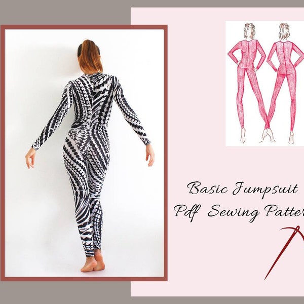 Jumpsuit, Catsuit Sewing pattern for women, Basic Unitard long sleeve, PDF SVG pattern