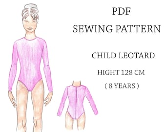 Puede incluir: Patrón de costura PDF para un leotardo infantil. El patrón es para un leotardo rosa de manga larga. El leotardo se muestra en un dibujo de un niño. El patrón es para un niño de 128 cm de altura (8 años).