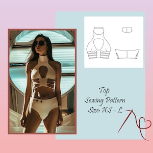 Puede incluir: Un patrón de costura para un top blanco corto con un diseño de corte. El patrón incluye instrucciones para las tallas XS-L.