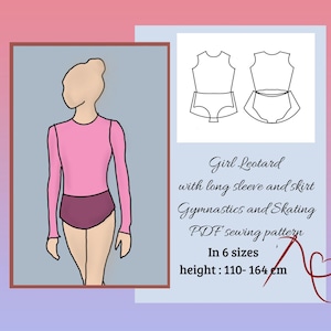 Body con gonna  Bambino Cartamodello per ginnastica, pattinaggio 110-164, cucito donna, scaricabile file PDF
