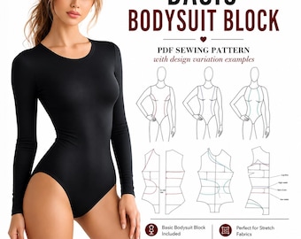 May include: A black long-sleeved bodysuit worn by a person, accompanied by a PDF sewing pattern titled ActiveWearSewing Basic Bodysuit Block. The graphic displays technical line drawings, design variations, and size ranges from 2-10 US.