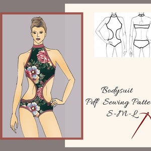 Puede incluir: Ilustración de un body con estampado floral en verde oscuro, rosa y azul. El diseño presenta un cuello alto y cortes laterales. También se ve el texto "Bodysuit Pdf Sewing Pattern S-M-L".