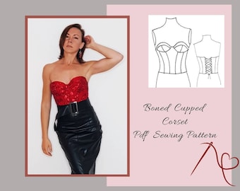 Cupped Top Bustier Sewing pattern for women, Boned Corset  with cups, digital pdf sewing patterns