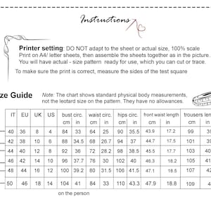 May include: Size chart for a leotard with measurements in inches and centimeters. The chart includes bust, waist, hips, front waist length, and trousers length. The chart is labeled with sizes S, M, and L.